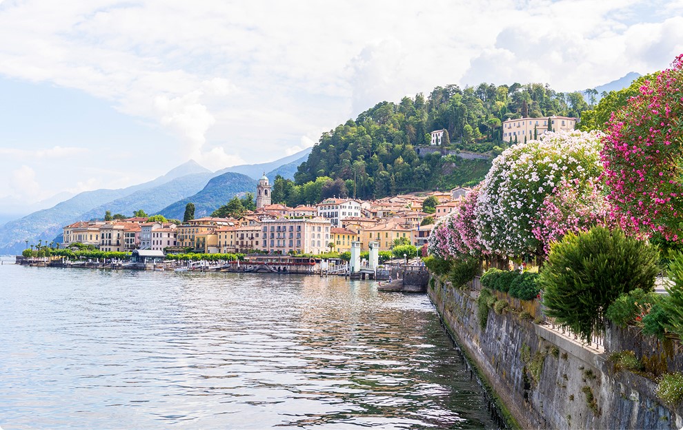 A springtime scenic waterfront lakeside village