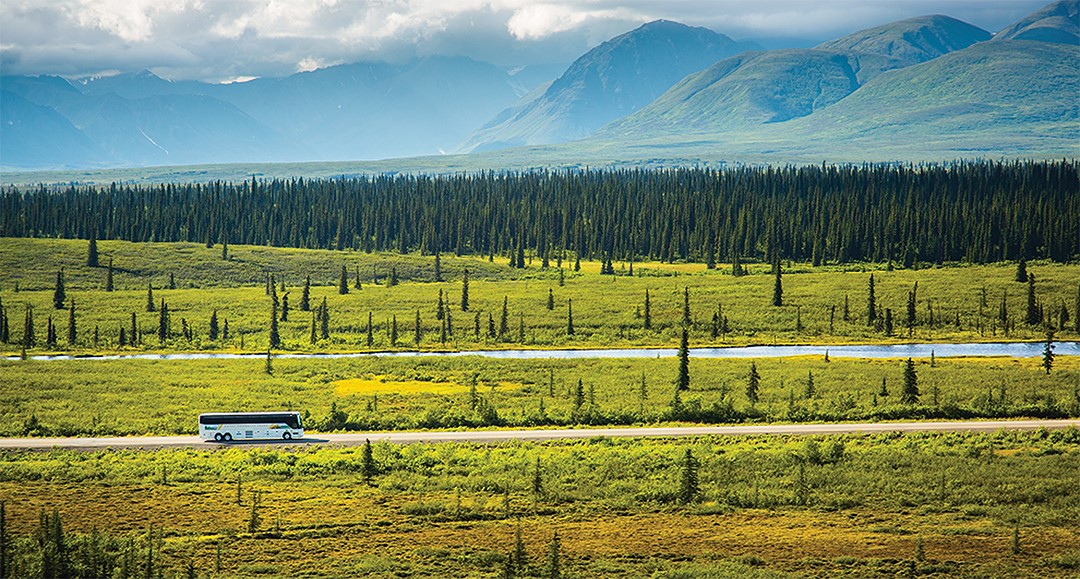 Bus driving through Tundra Wilderness